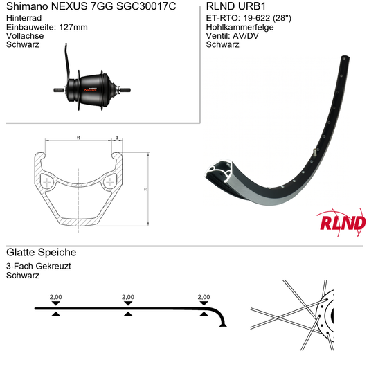 Roland achterwiel 19-622 28" zwart nexus 7v remnaaf vaste as URB1 Shimano SG-C3001-7C