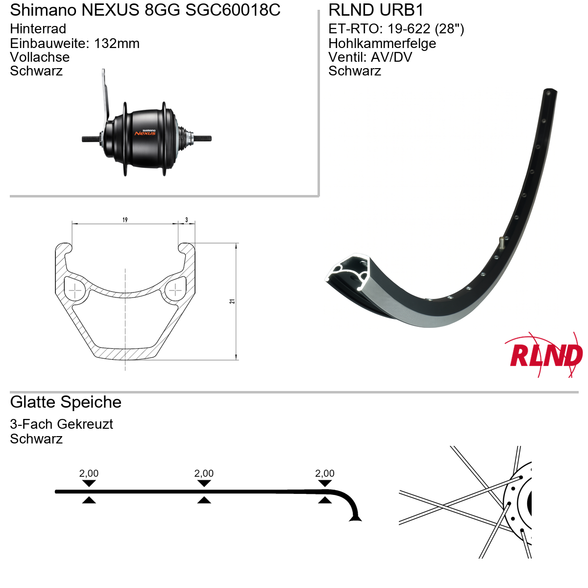 Roland achterwiel 19-622 28" zwart Nexus 8v remnaaf vaste as URB1 Shimano SG-C6001-8C
