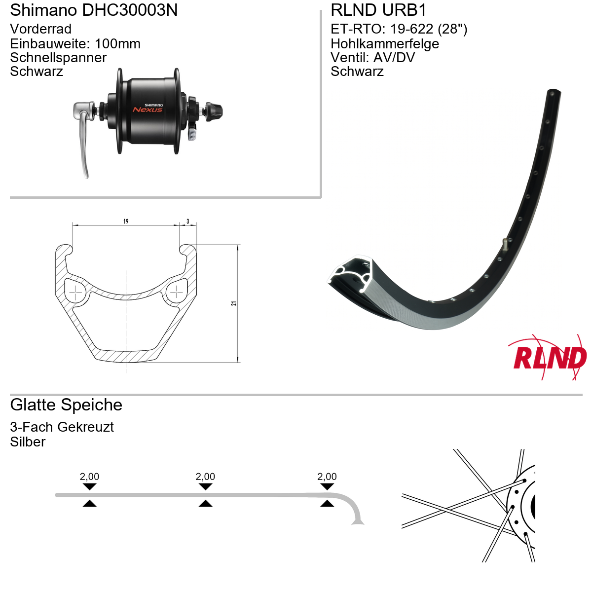 Roland voorwiel 19-622 28" zwart naafdynamo velgrem QR URB1 Shimano Nexus DH-C3000-3N