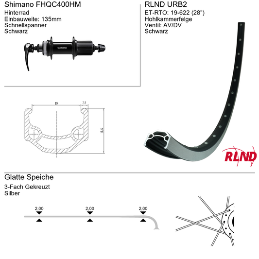 Roland achterwiel 19-622 28" zwart cassette 8/9/10v schijfrem Centerlock QR URB2 Shimano FH-QC400-HM