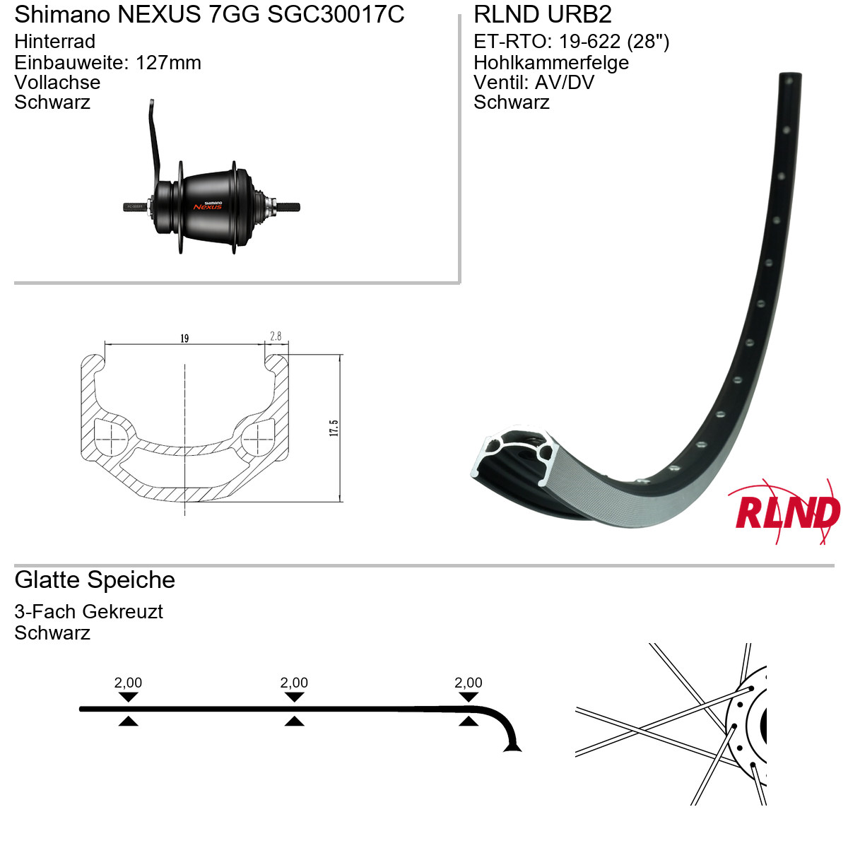 Roland Achterwiel 19-622 28" zwart nexus 7v remnaaf vaste as URB2 Shimano SG-C3001-7C
