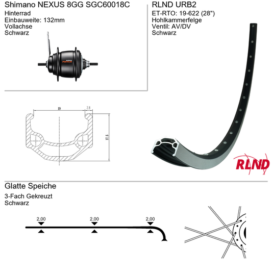 Roland achterwiel 19-622 28" zwart Nexus 8v remnaaf vaste as URB2 Shimano SG-C6001-8C