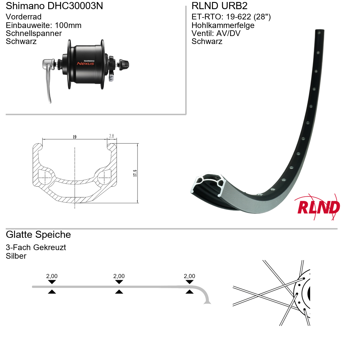 Roland Voorwiel 19-622 28" zwart naafdynamo velgrem QR URB2 Shimano Nexus DH-C3000-3N (zwarte naaf)