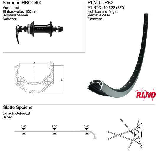 Roland voorwiel 19-622 28" zwart schijfrem Centerlock QR URB2 Shimano HB-QC400
