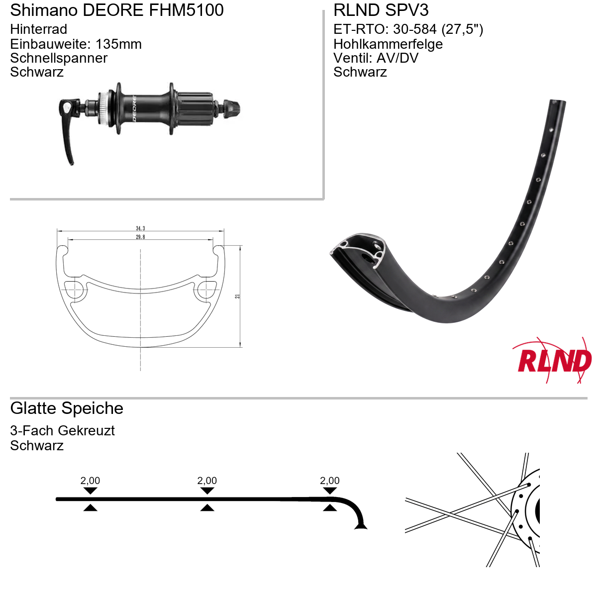 Roland achterwiel 30-584 27.5" zwart cassette 8/9/10v schijfrem Centerlock QR SPV3 Shimano Deore FH-M5100