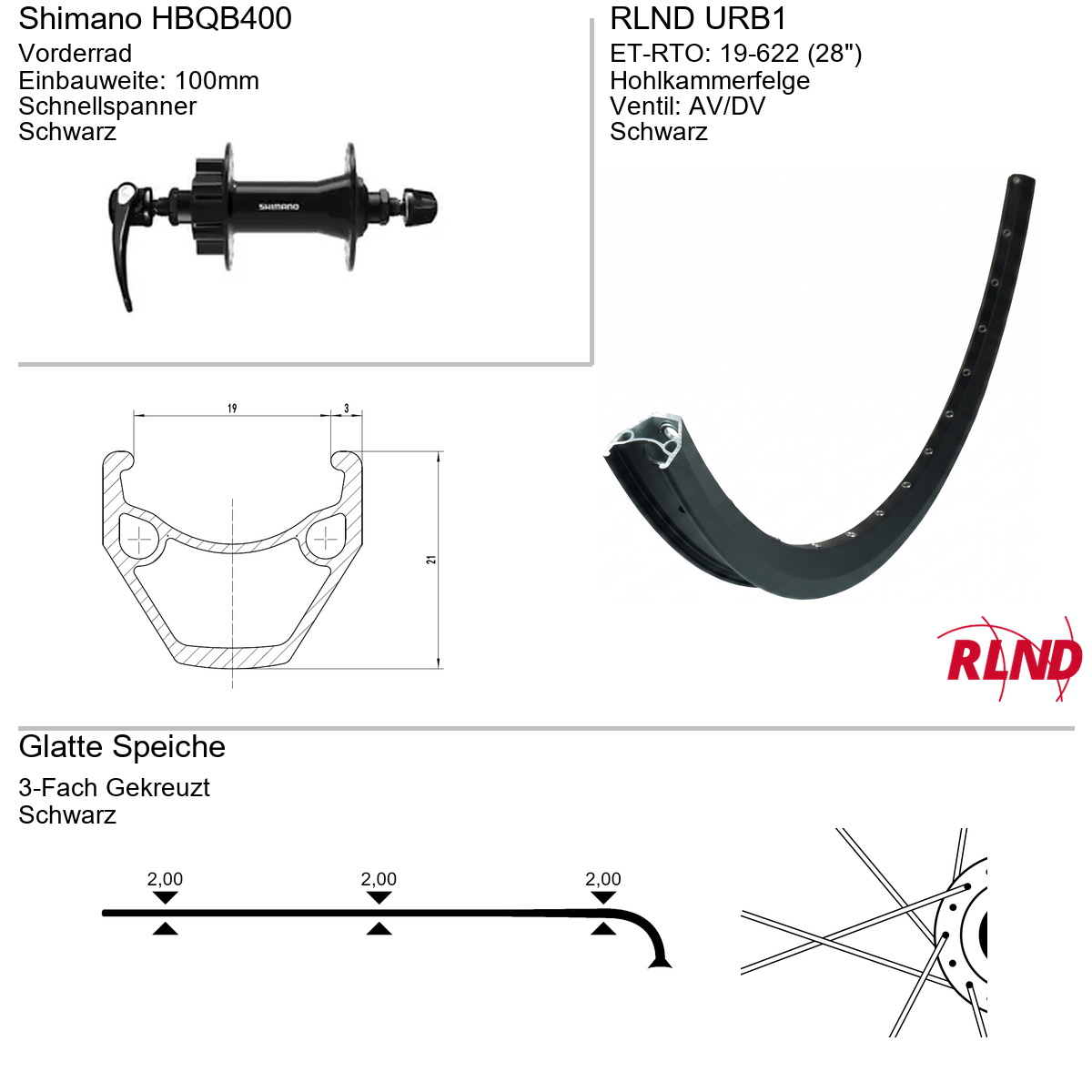 Roland Voorwiel 19-622 28" zwart schijfrem 6-bouts QR URB2 Shimano HB-QB400