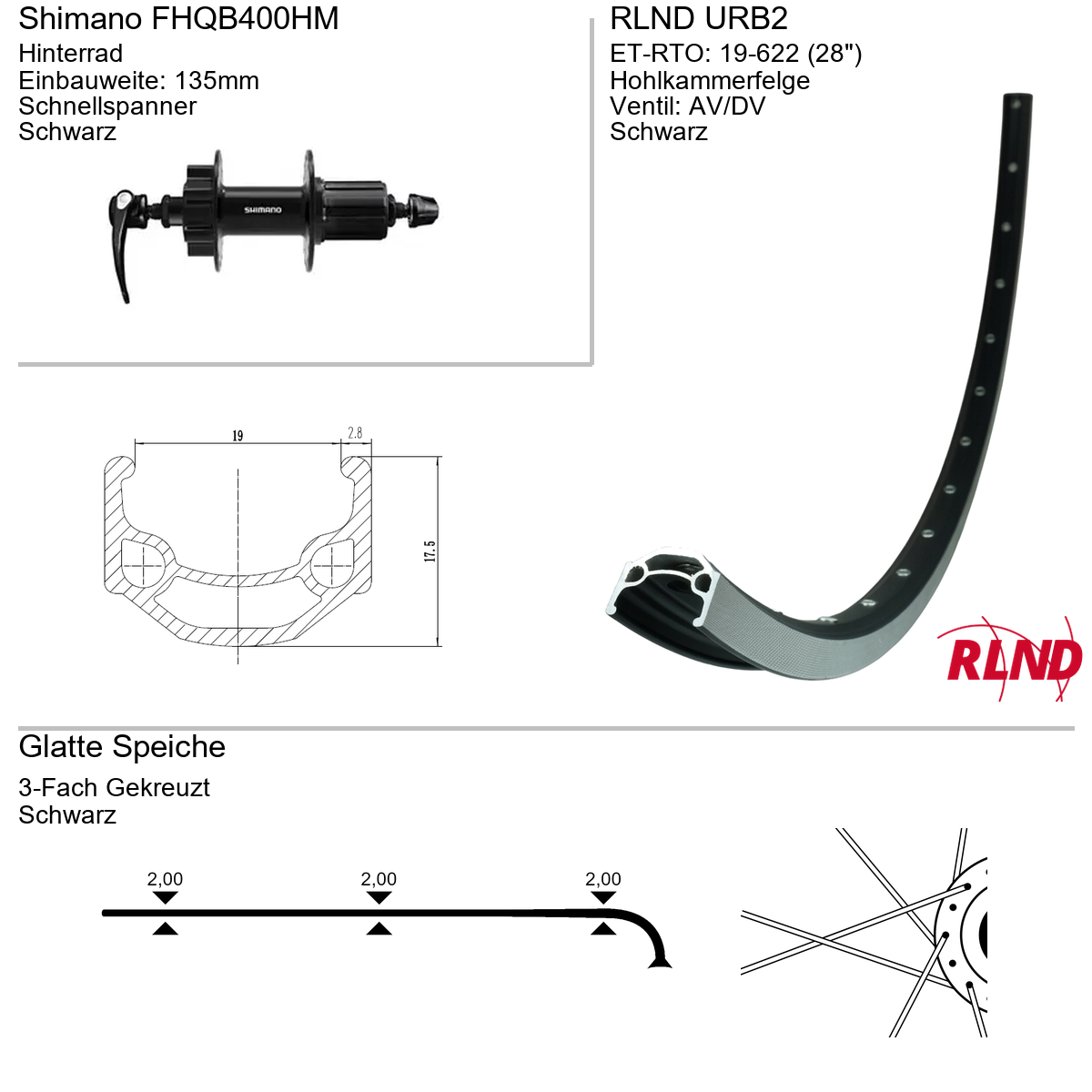 Roland Achterwiel 19-622 28" zwart cassette 8/9/10v schijfrem 6-bouts QR URB2 Shimano FH-QB400-HM