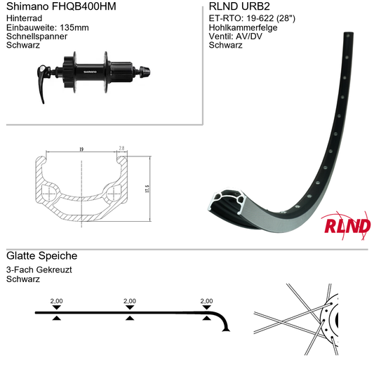 Roland achterwiel 19-622 28" zwart cassette 8/9/10v schijfrem 6-bouts QR URB2 Shimano FH-QB400-HM