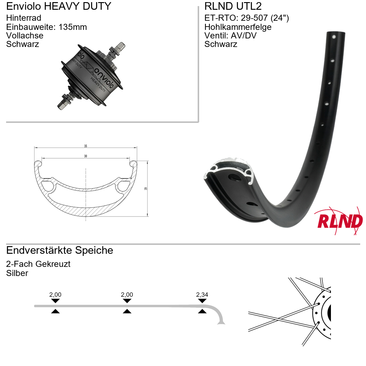 Roland Achterwiel 29-507 24" zwart Enviolo Heavy Duty 6-bouts schijfrem vaste as UTL2