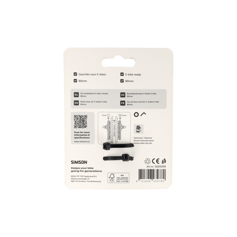 Simson S020209 remblokken E-bike V-Brake 80mm
