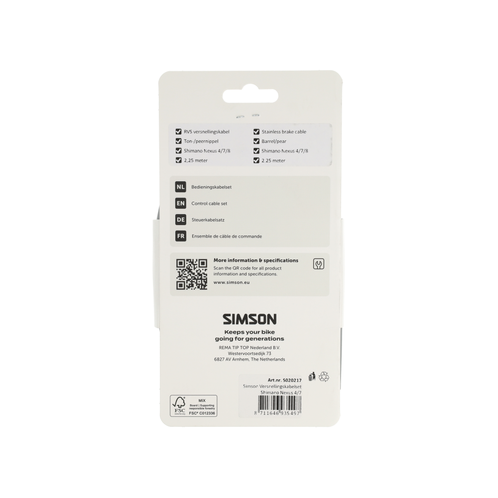 Simson S020217 versnellingskabelset Shimano Nexus 4/7/8 grijs RVS