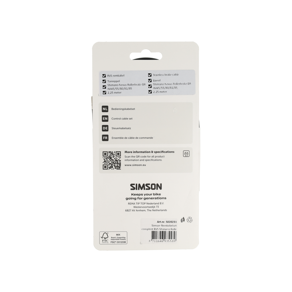 Simson S020231 remkabelset compleet RVS Shimano rollerbrake zwart