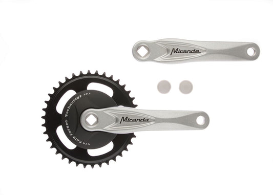 Miranda crankstel 38T. Alfa 1 3/32" + disk 9,2 cm. zwart crank zilver