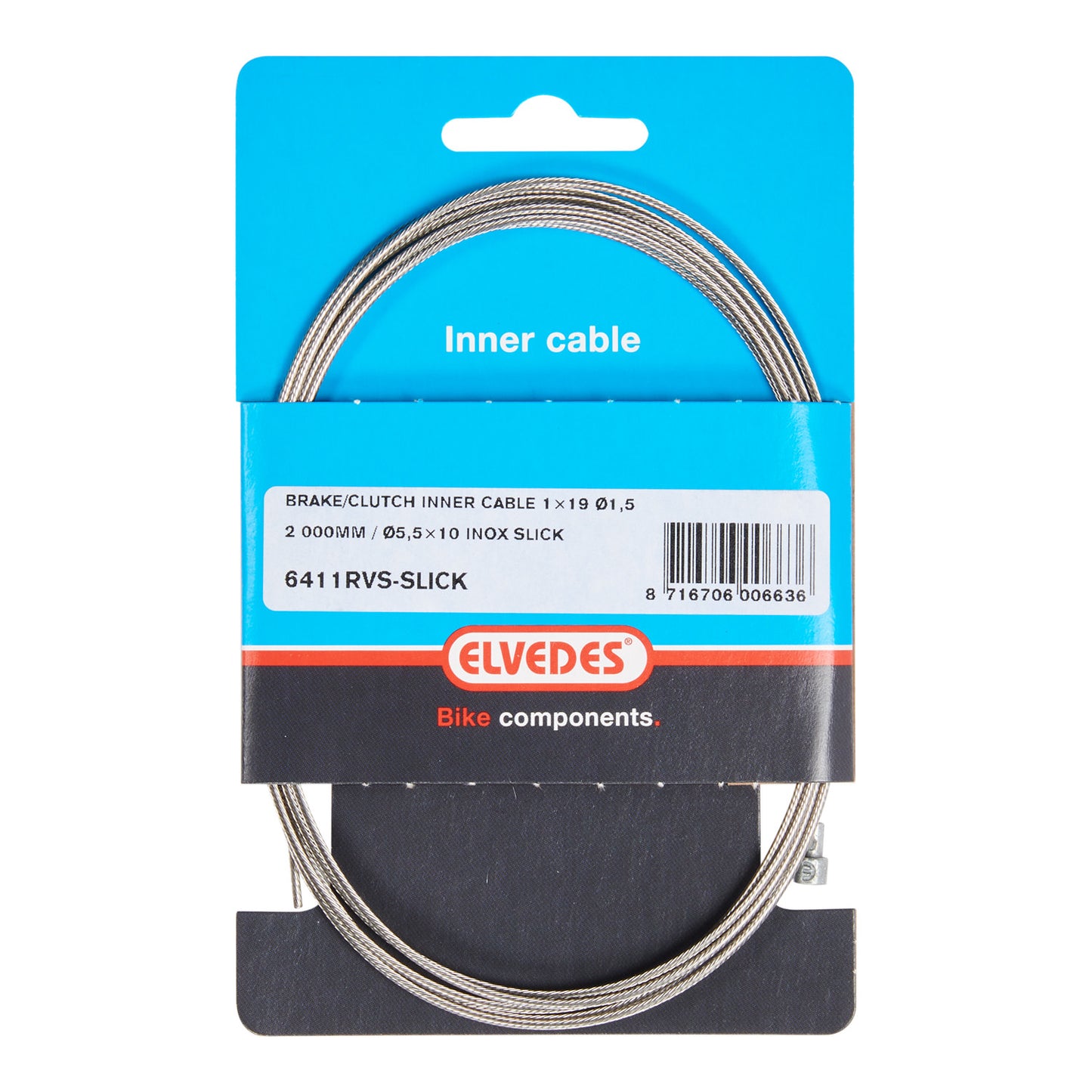 Elvedes 6411RVS-SLICK rem binnenkabel 1.5 mm. RVS extra glad 2 mtr. nippel 5.5x10