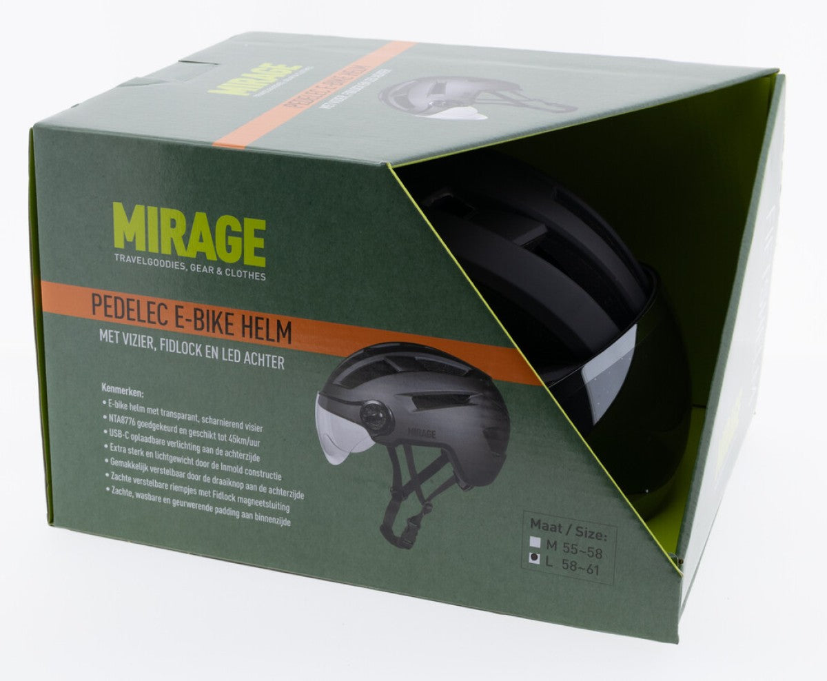 Mirage E-bike helm 55-58cm, NTA m/vizier/fidlock,LED,mat zw