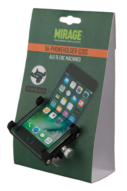Mirage telefoonhouder G20 alu. T6 CNC met bracket ø22~25 mm. 50~100 mm. mat zwart