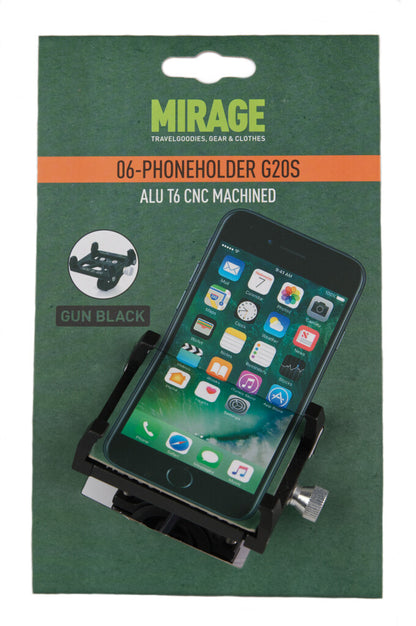 Mirage telefoonhouder G20 alu. T6 CNC met bracket ø22~25 mm. 50~100 mm. mat zwart